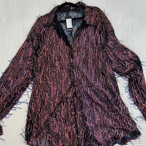 Nasty Gal Black and Pink Button Down Fringe Shirt